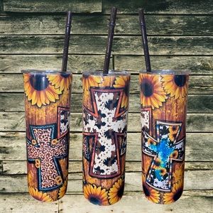 Cross & Sunflowers Tumbler With Lid & Plastic Straw, 20oz, Stainless Steel